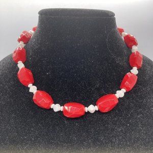 Vtg 1960s Signed Monet Patriotic Faceted Lucite Bead Necklace 18” July 4th